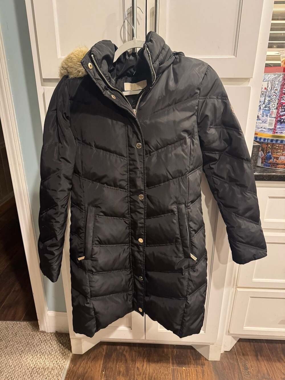 Michael Kors Women's Black Chevron Down Puffer Coat with Faux Fur Trim Hood